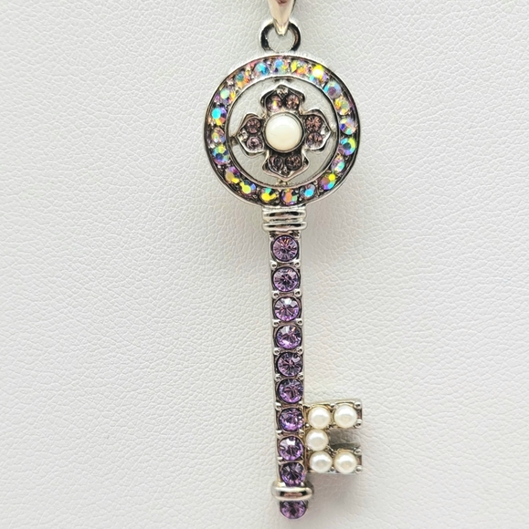 Kirks Folly Purple Aurora Borealis Key Necklace with White Pearl in Silver - Picture 5 of 13